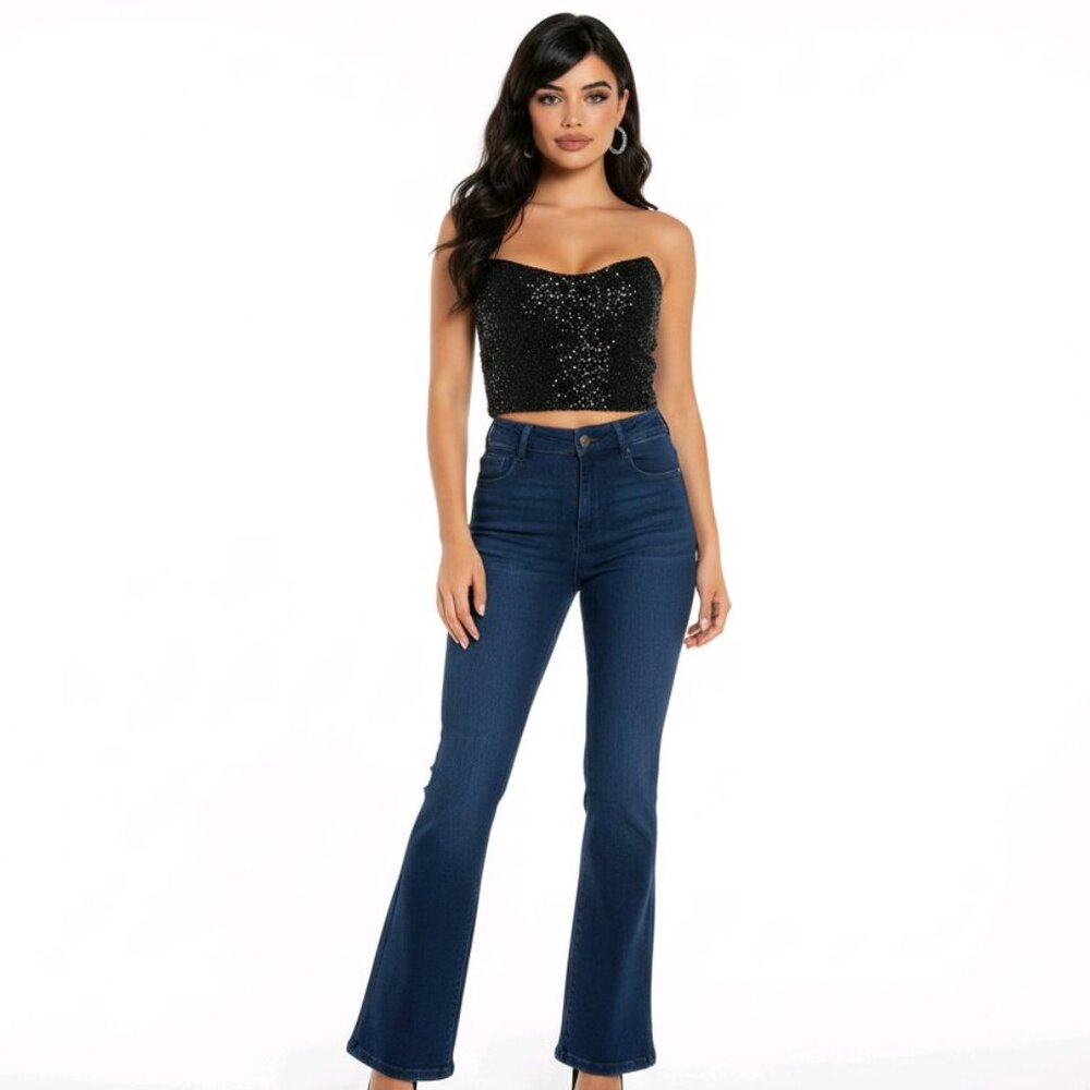 Cotton Dark Wash Pull-On Flare Jeans